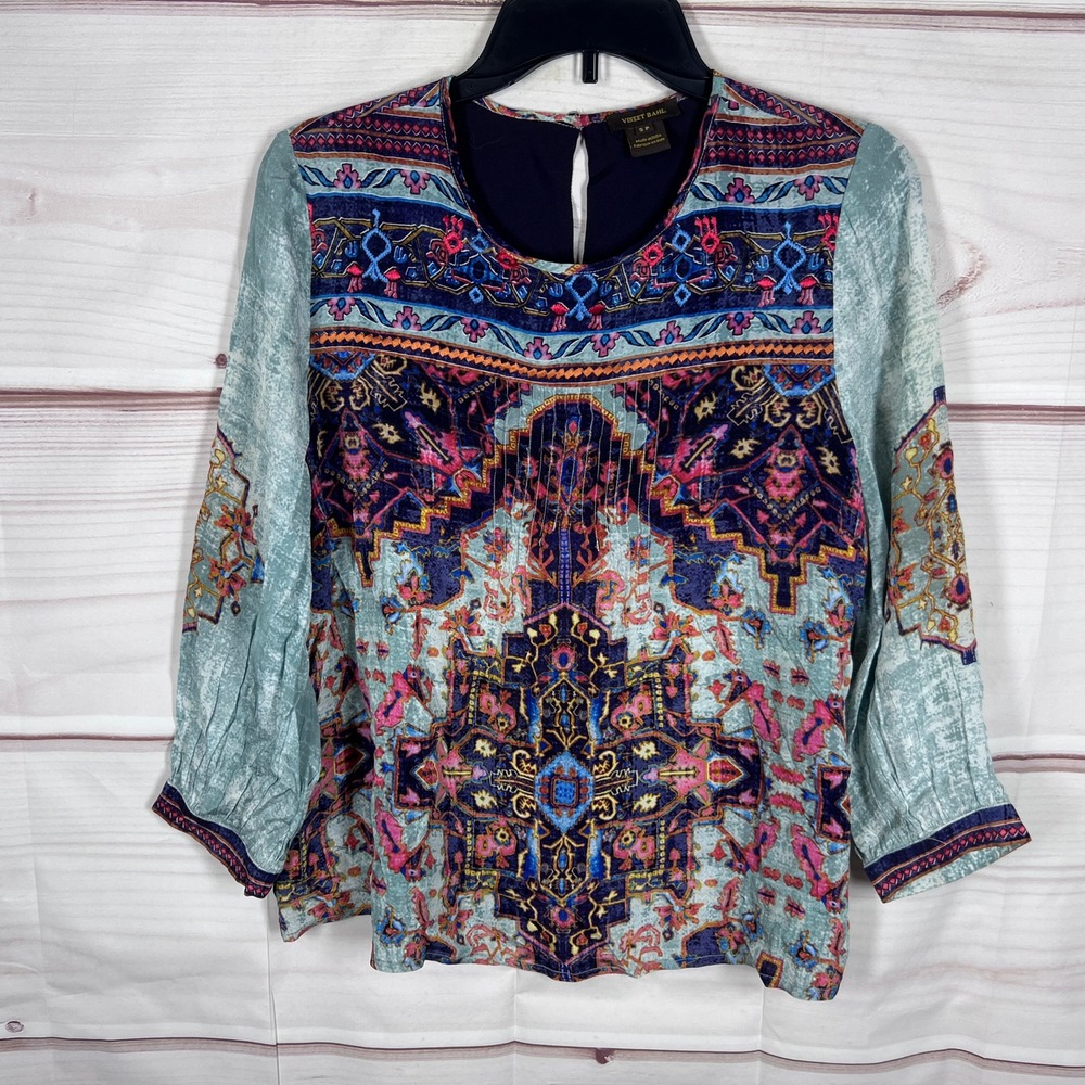 Vineet Bahl Blouse Women PS Multicolor Boho Tribal Print Keyhole Back Pullover